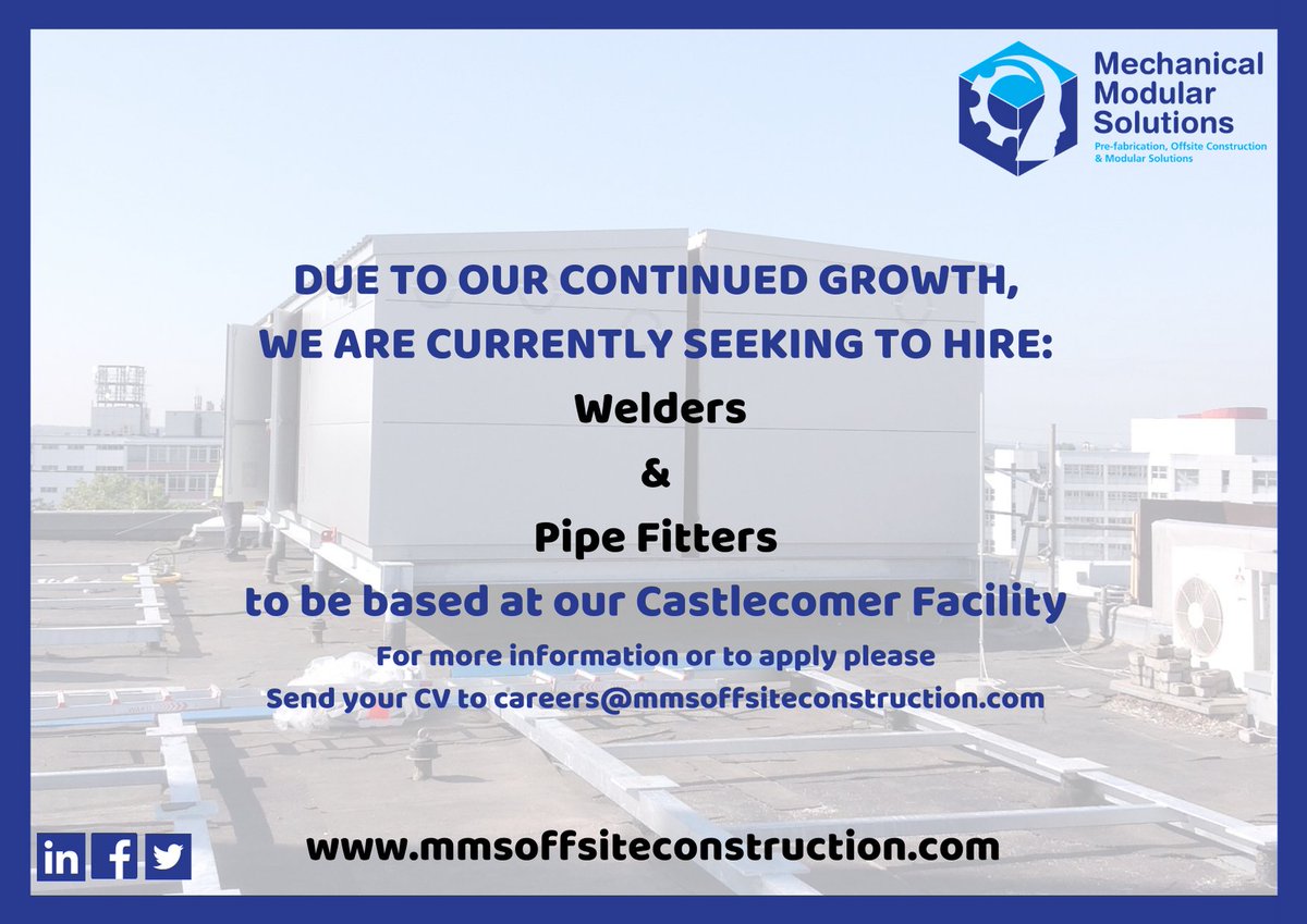We have career opportunities for Welders &amp; Pipe Fitters at our Castlecomer facility. We are looking for hard-working, driven individuals to join our growing Mechanical Modular Solutions team.
Please send your CV to careers@mmsoffsiteconstruction.com 
#mmsoffsiteconstruction