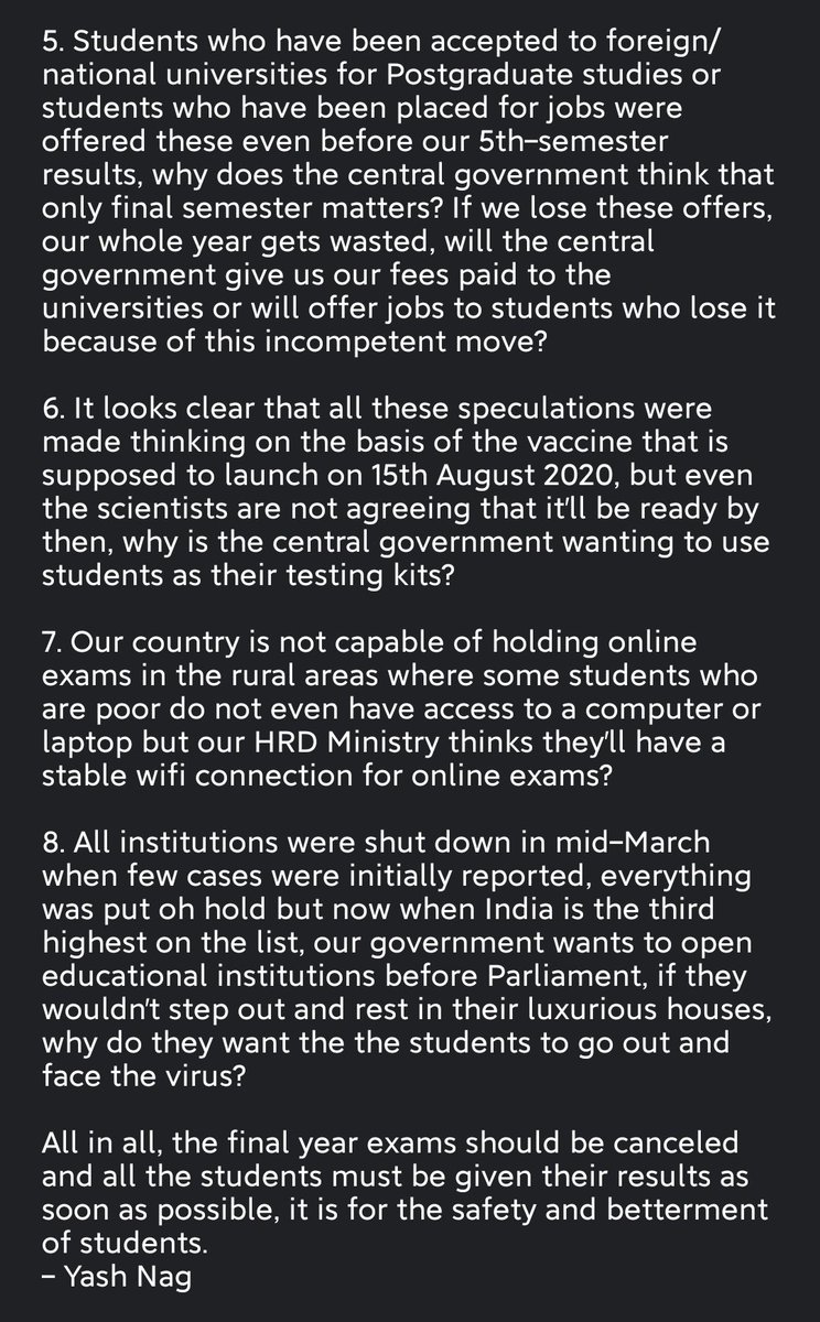 dkkhari2's tweet photo. #cancelfinalyearexam
Here are a few questions raised by final year students that we seek answers of, from @DrRPNishank @ugc_india 
I would request everyone to please share this &amp; help it reach the concerned people. #cancelfinalyearexam https://t.co/GvdW3pIavg