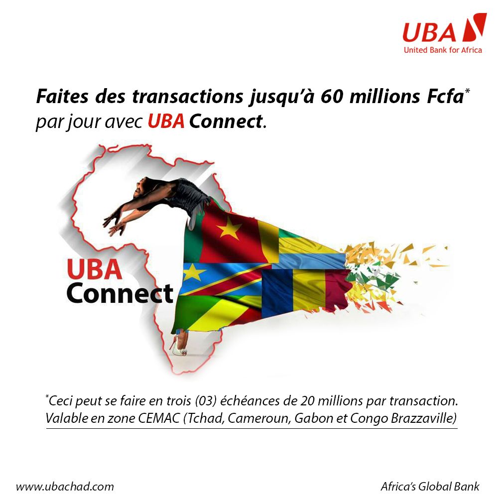 UBATchad's tweet photo. UBA Connect vous donne la possibilité d'effectuer des transactions jusqu'à 60 millions de FCFA par jour en zone CEMAC.
#BanqueDigital #CEMAC #UBATchad https://t.co/AlCqJRyO7c