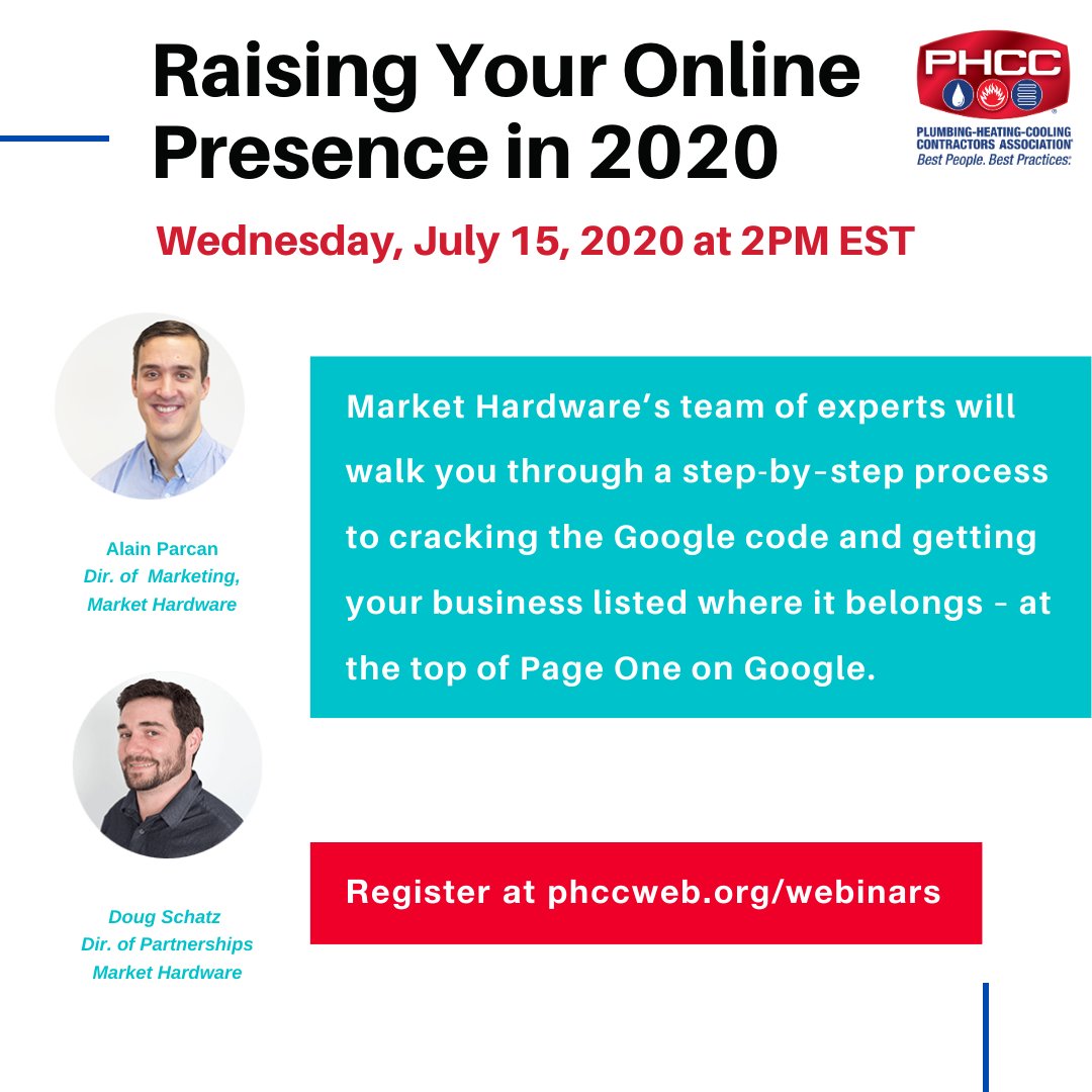 phccnatl's tweet photo. #FREEMemberWebinar: Join us next week, July 15 at 2 PM EST for the "Raising Your Online Presence in 2020" webinar with @markethardware! Register today - https://t.co/WMoLGFr32C. #PHCC https://t.co/mzpZYc102n