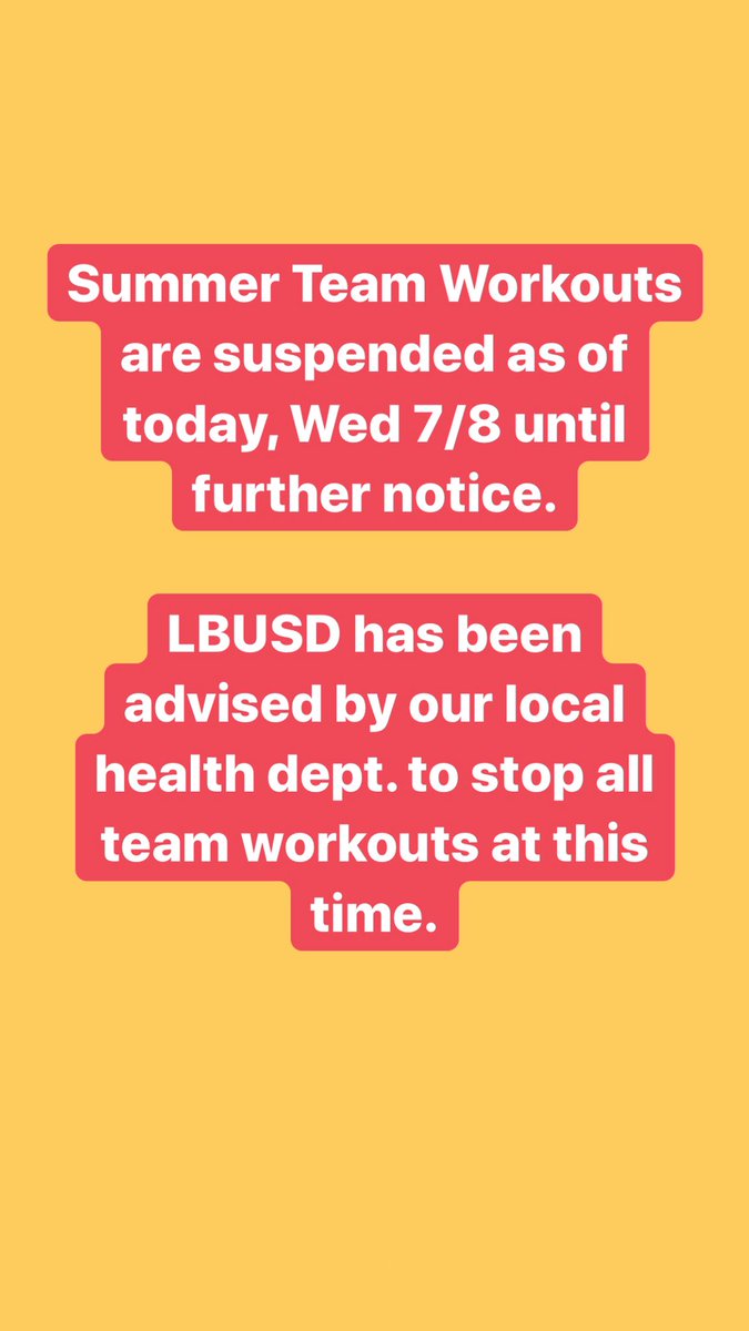woodyatlbwilson's tweet photo. All summer team workouts are suspended at this time until further notice based on the advisement LBUSD received this morning from our local health department. Athletes are not to show up at school for workouts until they receive word from their coach that we can resume. https://t.co/FGMwOaSBi6