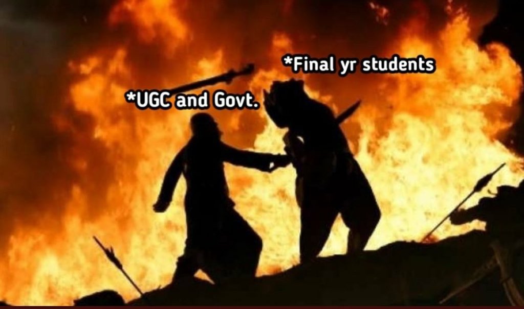 FinalStudents's tweet image. USA : We will die
Italy : We cannot survive
England : The end is near
India : Dear students exams are compulsory.
#SayNoToUGCGuidelines #cancelfinalyearexam @ugc_india @narendramodi @AmitShah @DrRPNishank @AICTE_INDIA @SFI_CEC @masu4justice @nsui @nidhiindiatv @aishe_ghosh