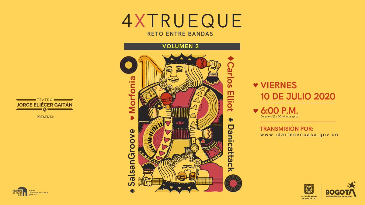 TeatroJEG's tweet photo. Este viernes a las 6 pm presentamos la 2a versión del #4xTrueque, un reto entre bandas de diferentes vertientes musicales, que invita a los artistas a hacer versiones de las canciones de sus colegas.  

Participan #Danicattack, @CarlosElliotJr y @salsangroove y @MorfoniaOficial. https://t.co/Xwcc0EqZH2