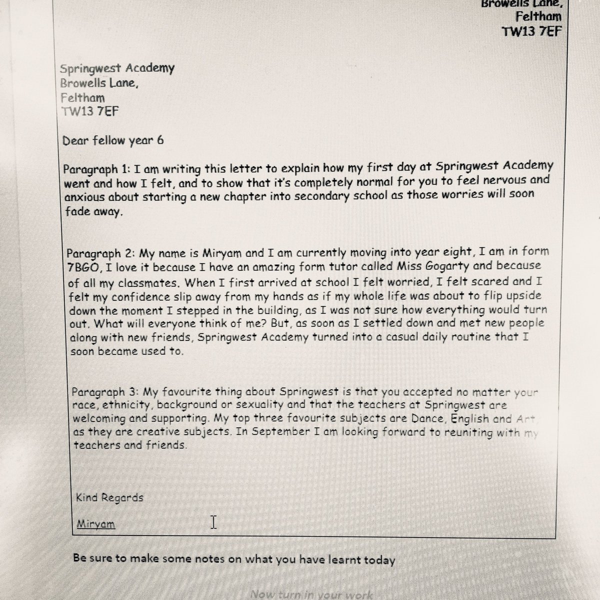 <a href="/SpringwestA/">Springwest Academy 💙</a> <a href="/MissGogarty/">Miss Gogarty</a> @ACOTennent Some lovely letters from Yr 7 to the Yr 6 students starting with us in September and we’re only on the 1st draft! Well done Miryam for this letter. 😊