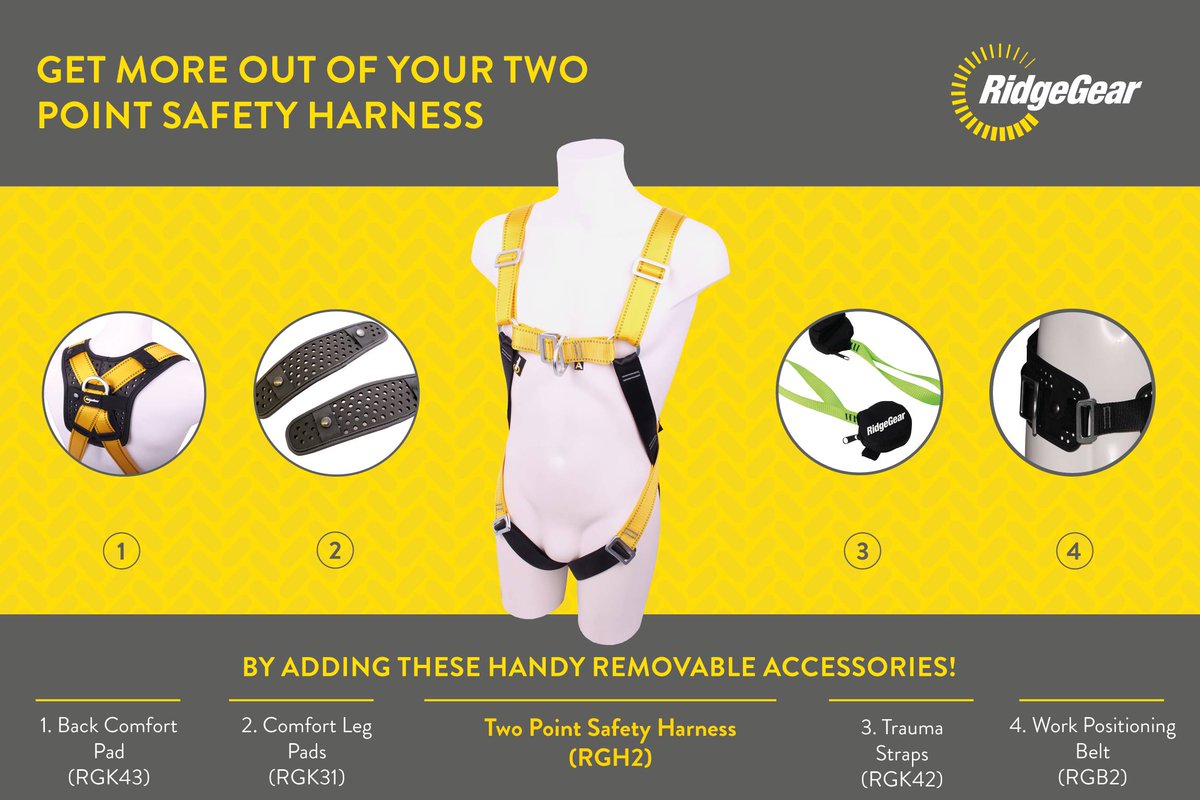 ridgegear's tweet photo. Make your RIDGEGEAR two point safety harness multipurpose with our range of removable accessories.

From comfort back pad to a removable work positioning belt.

Quick and easy to fit dependent on the day's job.

#heightsafety #workatheight #safetyharness https://t.co/VcqowyRet3