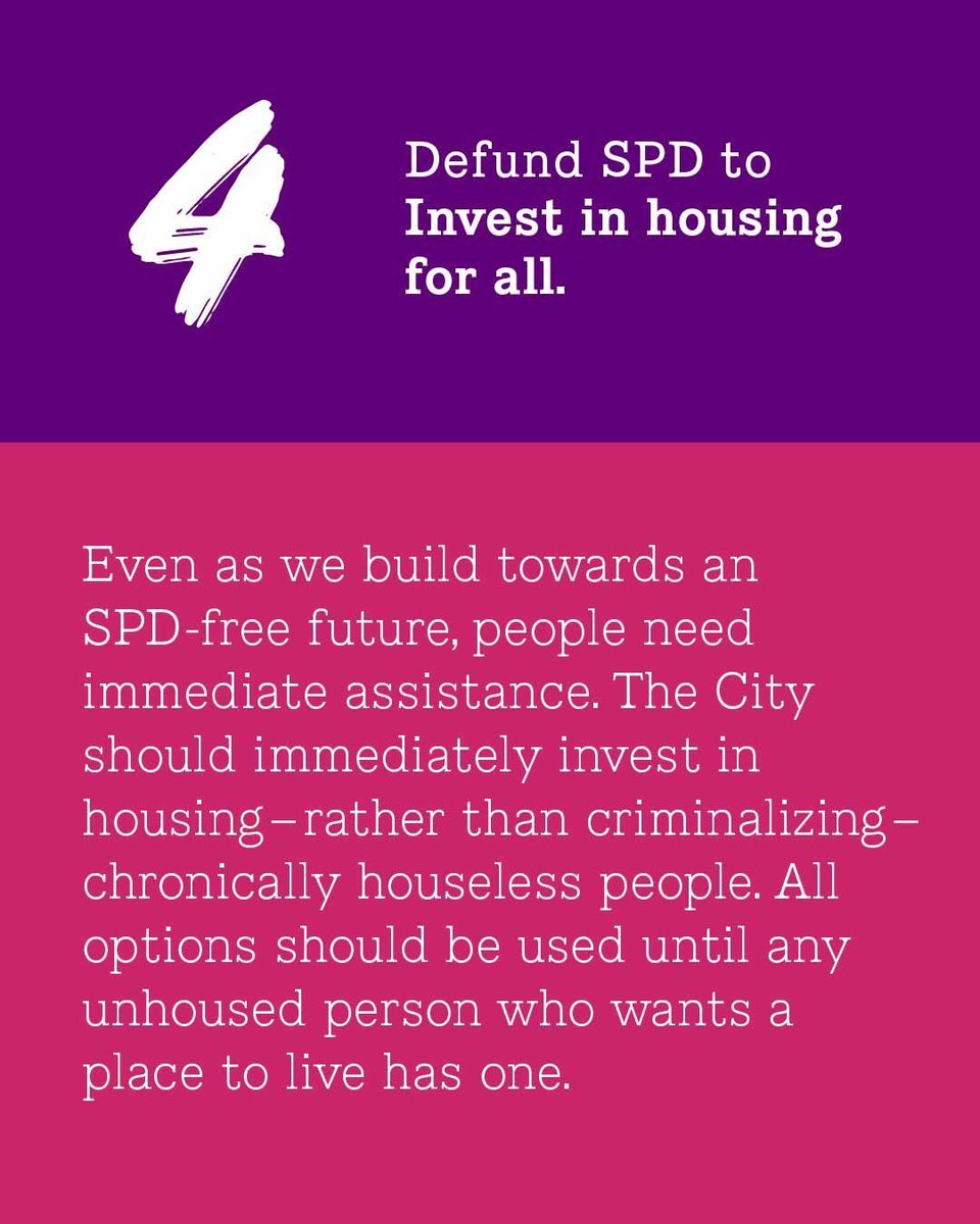 Today we share our plan to defund SPD by 50%.

Our 4-point proposal for reinvestment:
1- replace current 911 operations w/ a civilian-controlled system 
2- scale up community-led solutions 
3- fund a community created roadmap to life without policing 
4- invest in housing for all