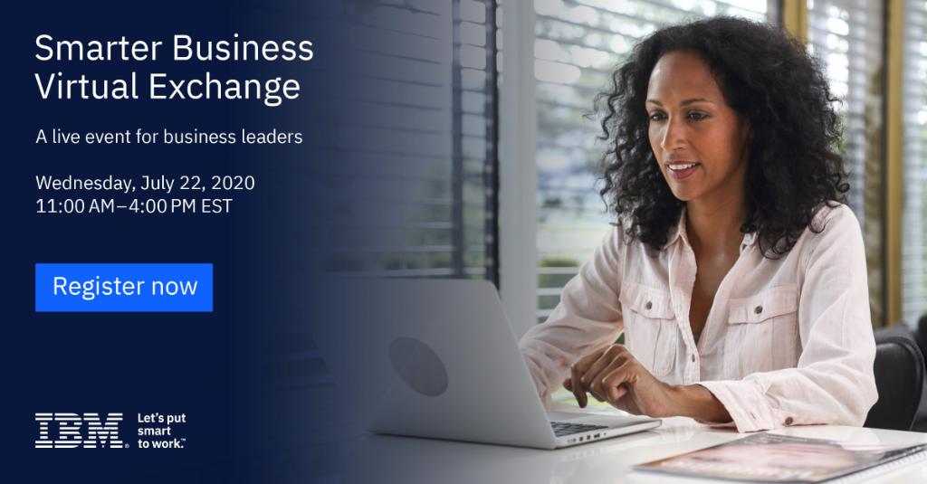 ibmconsulting's tweet photo. Save the date! Join IBM for the #SmarterBusiness Virtual Exchange, a no-cost event designed for leaders to accelerate business transformation, define new ways of working, strengthen #SupplyChain #Resiliency and enhance customer loyalty. https://t.co/Kpk9m36ISA https://t.co/U7ZDjyut8U