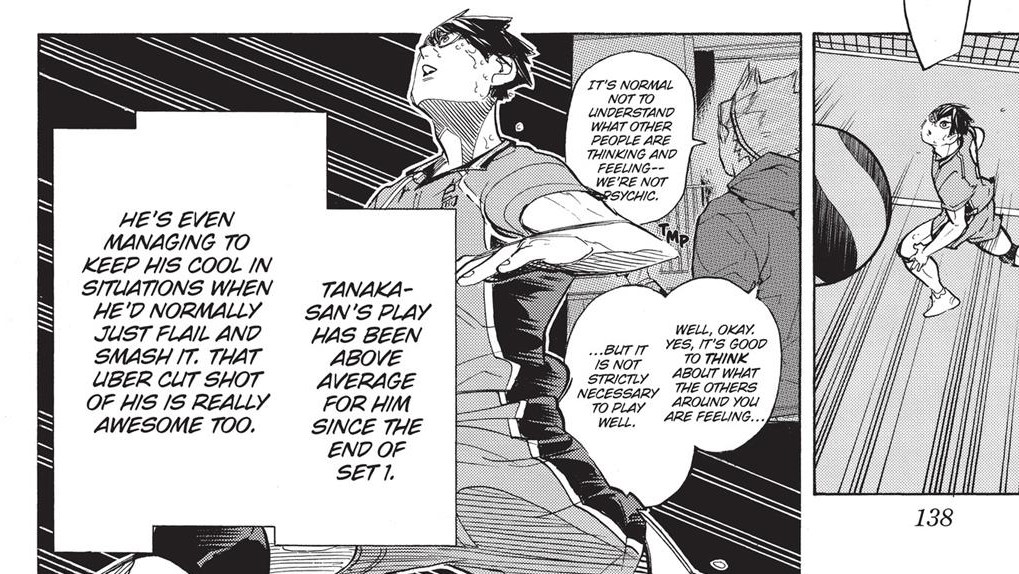 the kageyama of the past would have tried to rise to the challenge all by himself by outsmarting his opponents or relying on speed. however, this was clearly not the case. he learned how to trust not only in his abilities but also in his teammates& #39;.