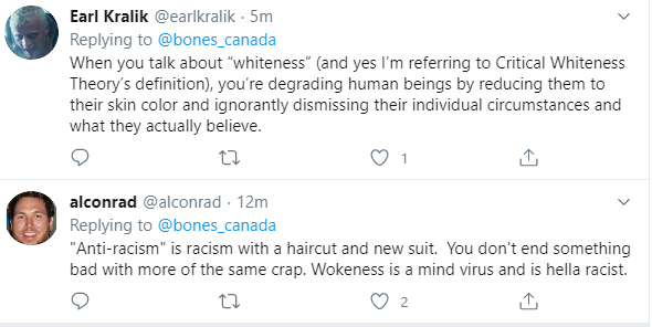 Anyway, a lot of racists are harrassing  @bones_canada, who is white but has used her platform to raise these issues before in the past, so feel free to help Block and Report these folks, thanks.