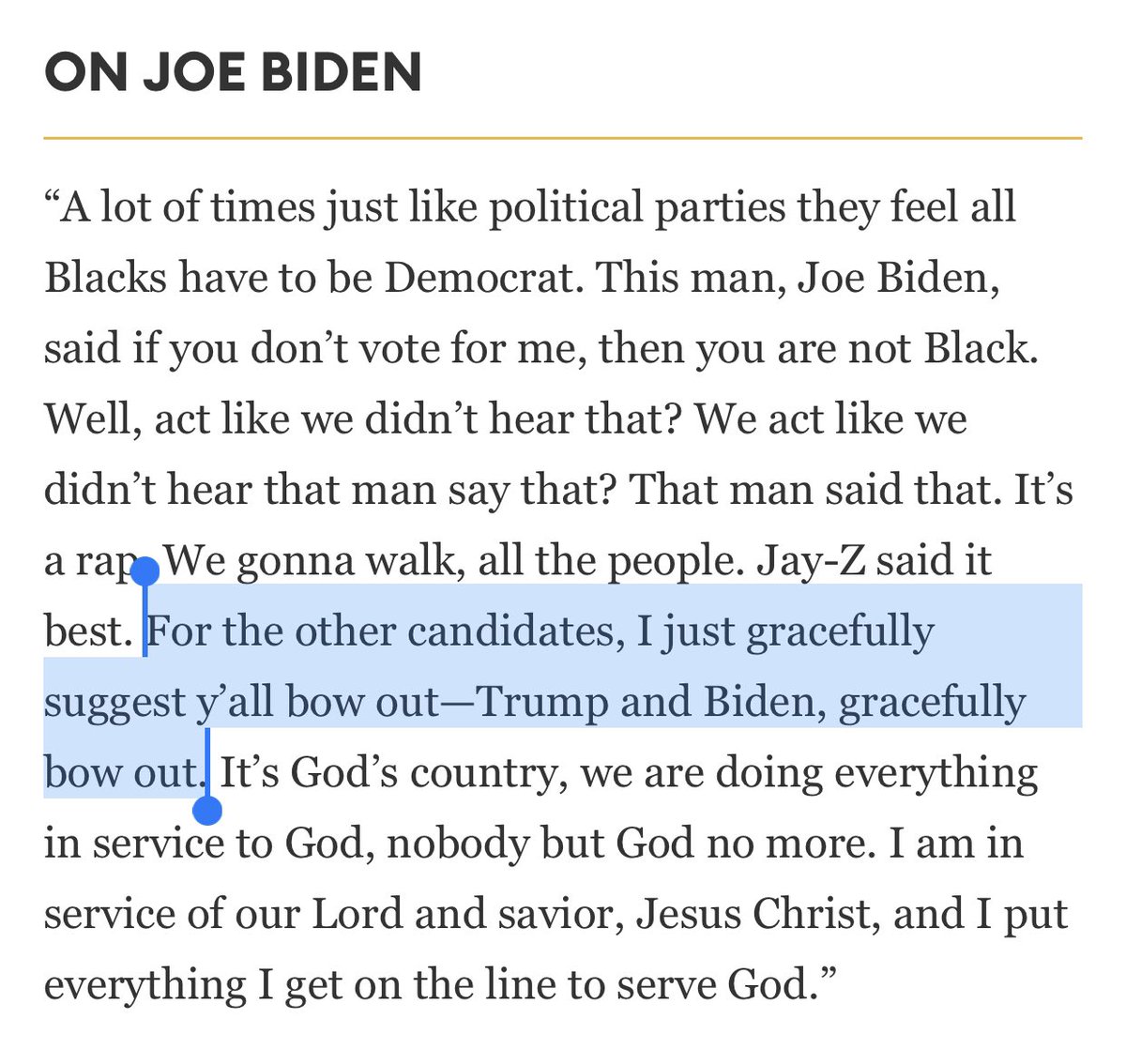 Kanye West is not a fan of Biden and believes both he and Trump should just gracefully bow out of the race.