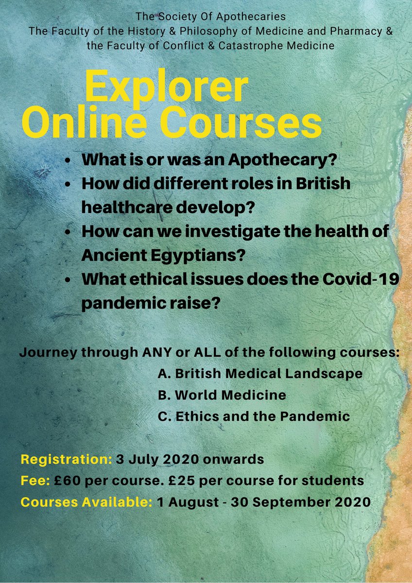 FacultyCC's tweet photo. Book now for our Explorer Online Courses. British Medical Landscape. World Medicine. Ethics and Pandemics. https://t.co/Z7CfYnVCNT @brionyhudson2 @gentlemedic @FacultyHP  #apothecary  #britishdoctor  #ethics  #Pandemics  #vaccines  #worldpandemics  #Ayurveda  #islamicmedicine https://t.co/U3x2wc9NLe