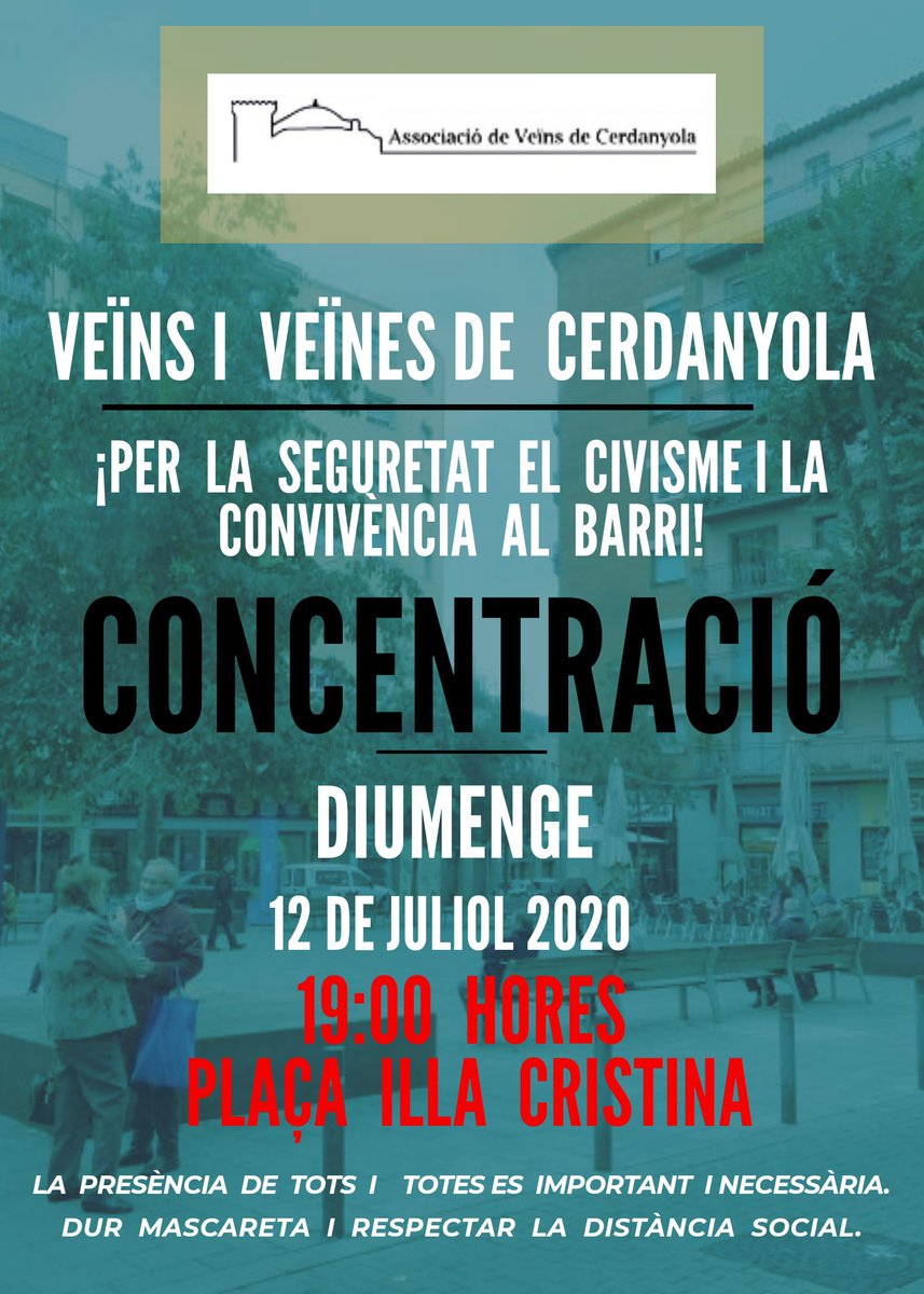 📢Donem suport a la convocatòria de l'AVV de Cerdanyola per la seguretat, el civisme i la convivència al barri.

Contra el feixisme i el racisme i a favor de la convivència veïnal al barri, concentra't!

📅 Diumenge 12 de juliol
📍 Plaça Illa Cristina
🕖 19.00 h

#FemBarri📣