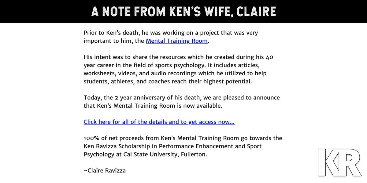 KenRavizza1's tweet photo. Prior to Ken’s death, he was working on a project that was very important to him, the Mental Training Room.

Today, the 2 year anniversary of his death, we are pleased to announce that Ken’s Mental Training Room is now available...

https://t.co/4wkJ4U7Z0v https://t.co/MzN1gCocVQ