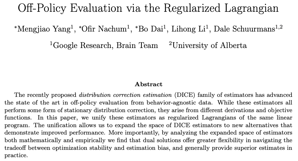 ofirnachum's tweet photo. Policy evaluation via duality/Lagrangian methods presents a lot of choices (how to setup the LPs, regularize them, etc). In https://t.co/Ics1296x4U we examine how these choices affect accuracy of final eval. Lots of insights in this paper, many of which I didn't expect.... https://t.co/0HkEeuSEPE