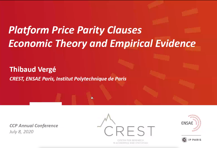 Session 1: Most Favoured Nation Clauses is now underway. Thibaud Vergé (<a href="/ENSAEparis/">ENSAE Paris</a>) presents ‘Platform Price Parity Clauses: economic theory and empirical evidence.’  #platforms #ccp2020conf
