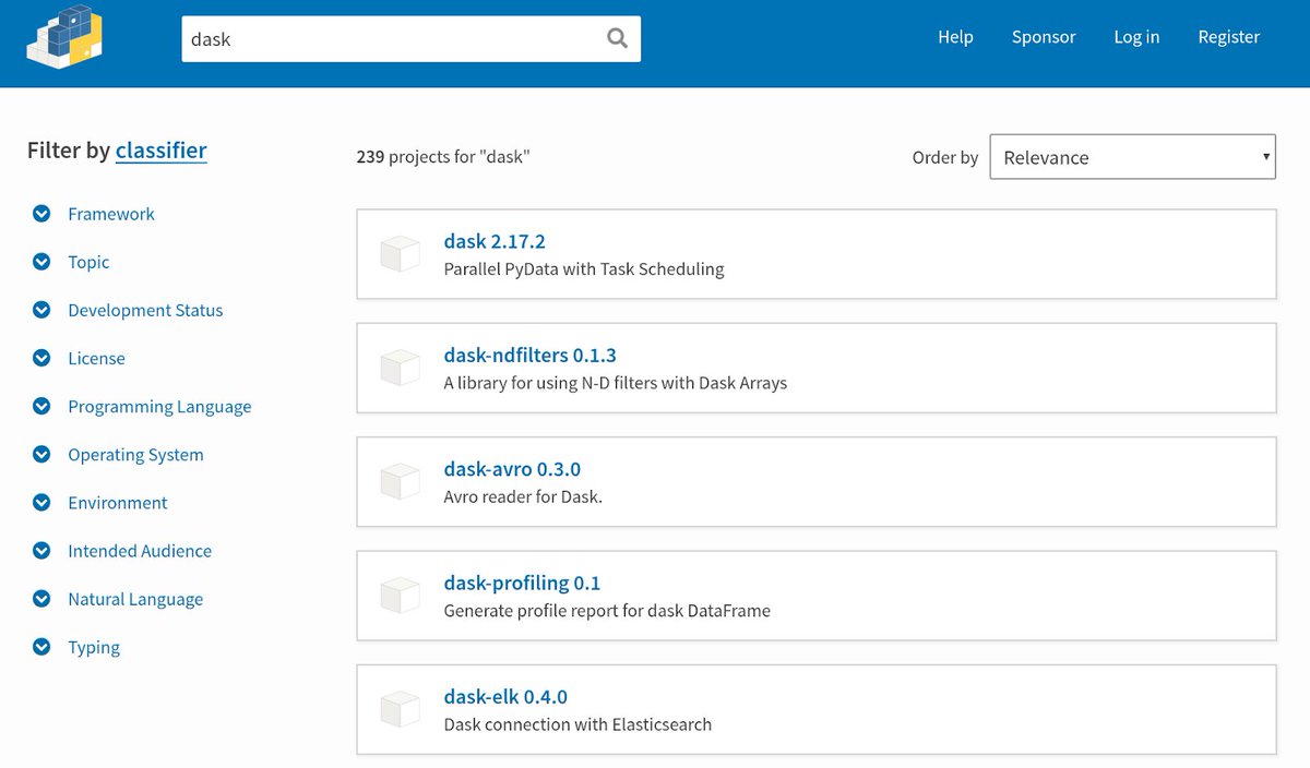 Screenshot of PyPI showing 239 packages with Dask in their name