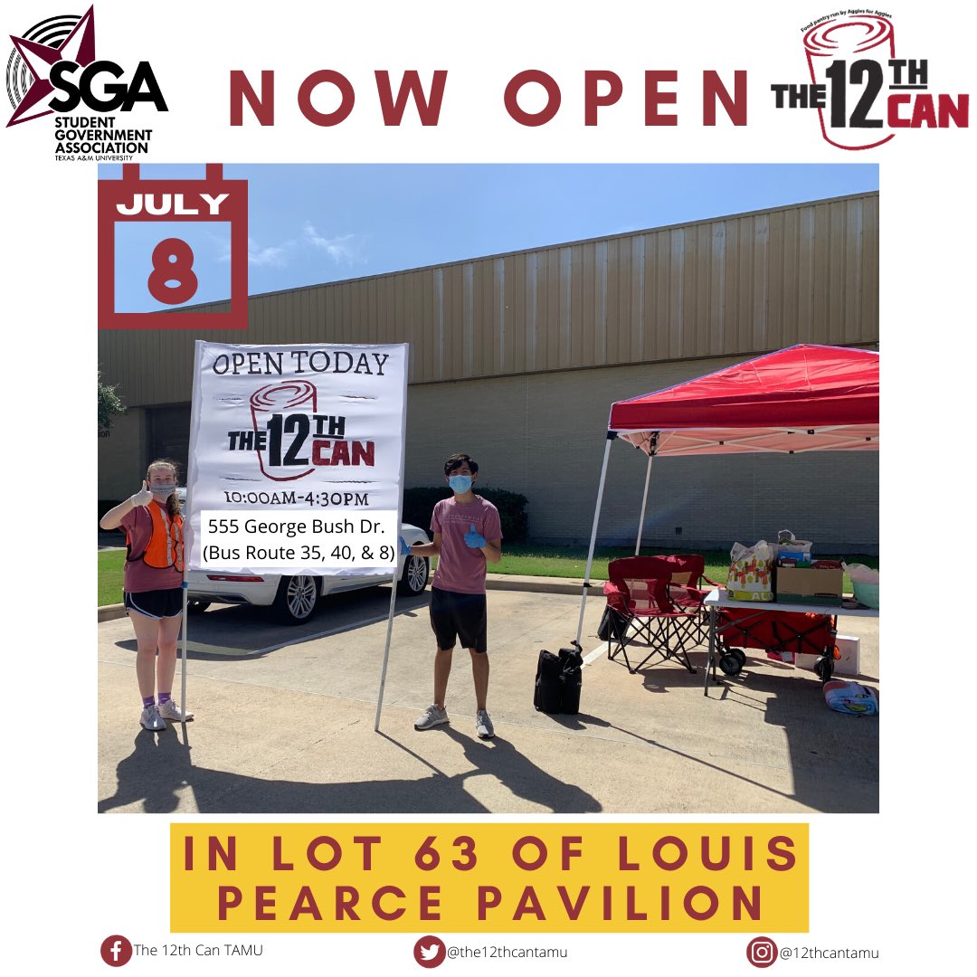 The12thCanTAMU's tweet photo. Now open in Lot 63 near the Pearce Animal Pavilion for all TAMU students, staff, and faculty! Address: 555 George Bush Dr. W. We are only open today July 8 from 10-4:30 and will not open again until Aug 12. Please check out our website in our bio for other local agencies. #tamu https://t.co/kfIZXLhR4O