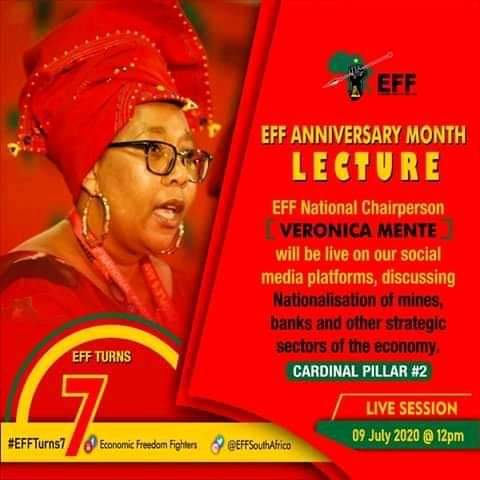 EkurhuleniE's tweet photo. Catch our national chairperson @veronica_mente live on our social media spaces on the 8th July 2020 as she delivers a lecture on "Nationalization of mines, banks and other strategic sectors"
#effbookclub
#effturns7
#traceyzille https://t.co/Ps1NG8ERuk