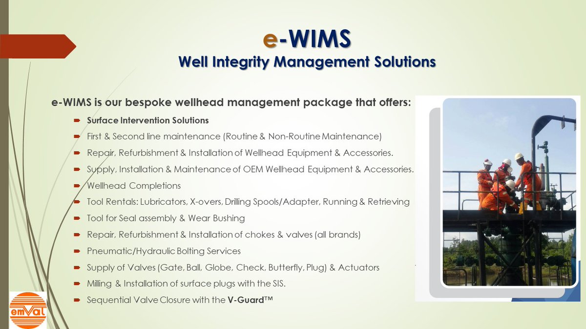 EmvalLtd's tweet photo. Some of our Services include: #Workover, #E-Line&amp; #Slickline Solutions, #Pumping &amp;Activation with Coiled Turbing, Well Integrity Management Solutions,..
#e-line #SIS #Wellintegrity #vesselsolution #emval  #oilandenergy #oilandgas #staysafe https://t.co/rBQrMGtU0D https://t.co/ZG3wwY2Fg2