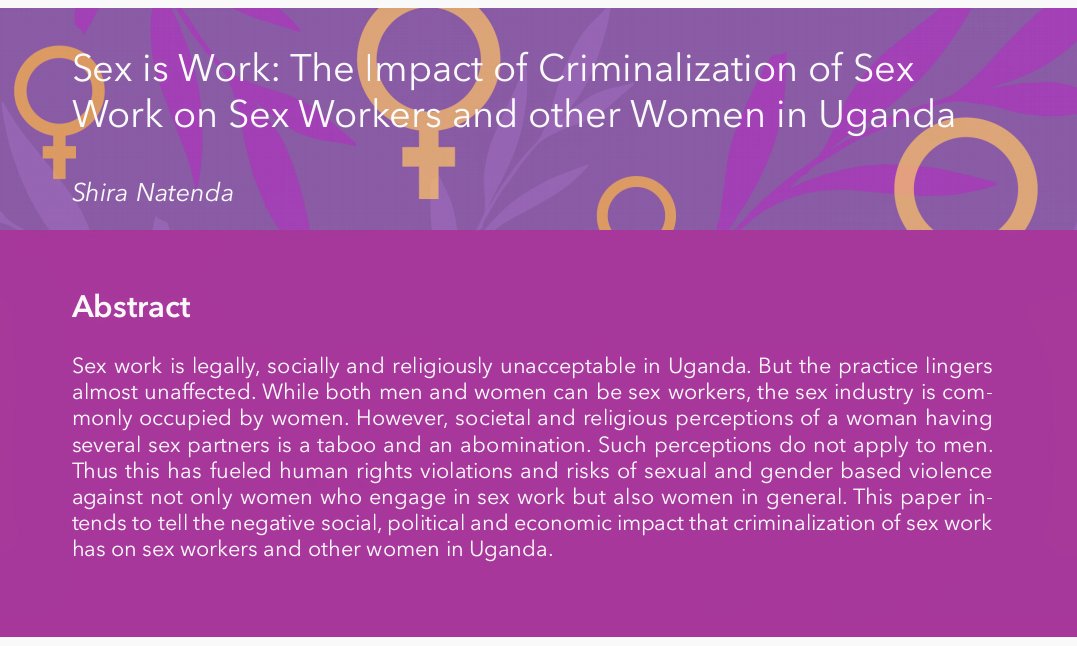 SNatenda's tweet photo. Sex work is illegal bse it is largely viewed as immoral and degrading, but morality is subjective &amp; society’s opinion on what is “right”&amp;"wrong” is constantly shifting.Morality provides no sound basis for law, as people governed by laws cannot all share 
the same moral beliefs. https://t.co/O9TUqMo8W2