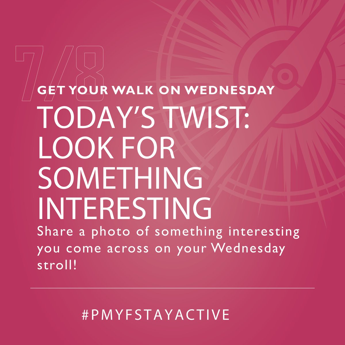 PMYF2's tweet photo. Today is get your walk on Wednesday. Today, look for something new and interesting. Take a picture and share it with us by using the hashtag. #PMYFSTAYACTIVE https://t.co/JIuAFP4n3s