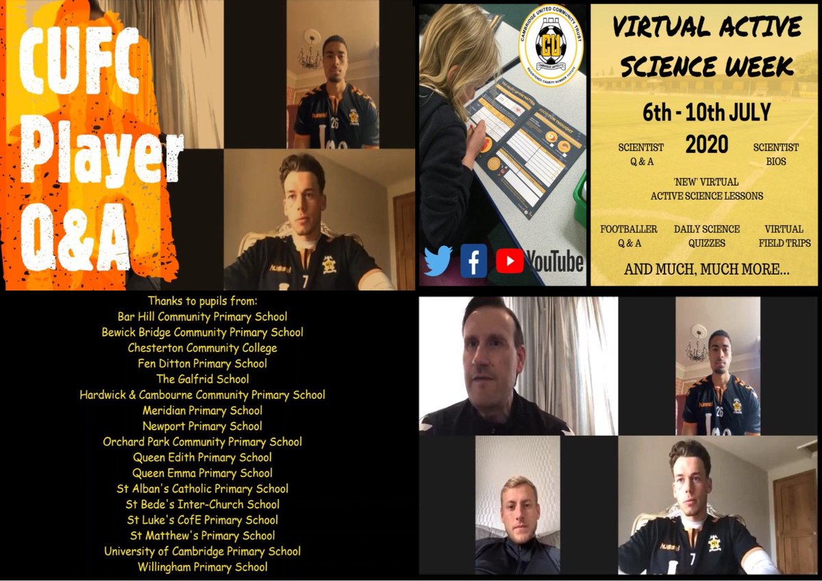 CUFCFoundation's tweet photo. @CambridgeUtdFC's @HarryDarling10, @HarveyKnibbs & @lukehannant were on hand to answer questions submitted by local school children as part of #VirtualActiveScienceWeek.
Watch the video here 👉 https://t.co/ytNzVOVQzq https://t.co/YSpShaT2IB