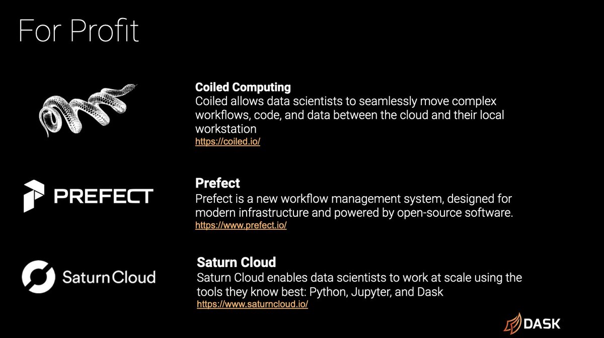 Slide describing the for-profit companies Coiled, Prefect and Saturn Cloud