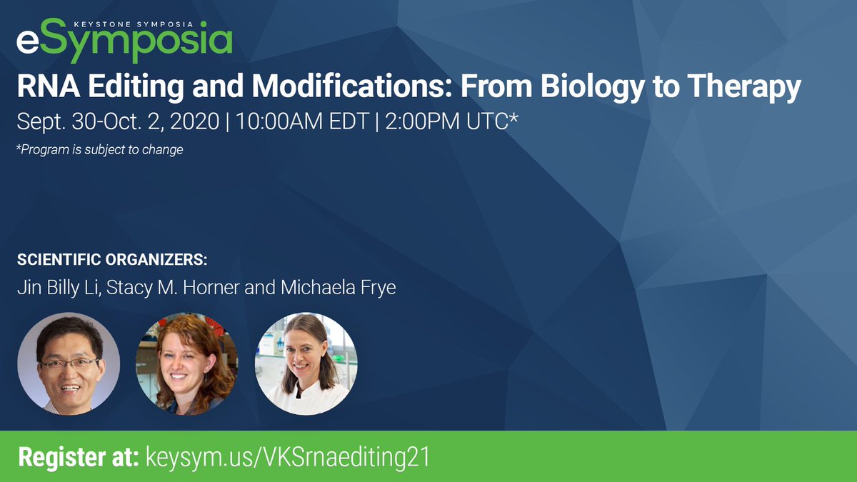 Join me in October for the <a href="/KeystoneSymp/">Keystone Symposia</a> virtual meeting, RNA Editing and Modifications: From Biology to Therapy, featuring new frontiers in #RNAediting research. Register today at KeySym.us/VKSRNAediting21 #VKSRNAEditing21 #eSymposia