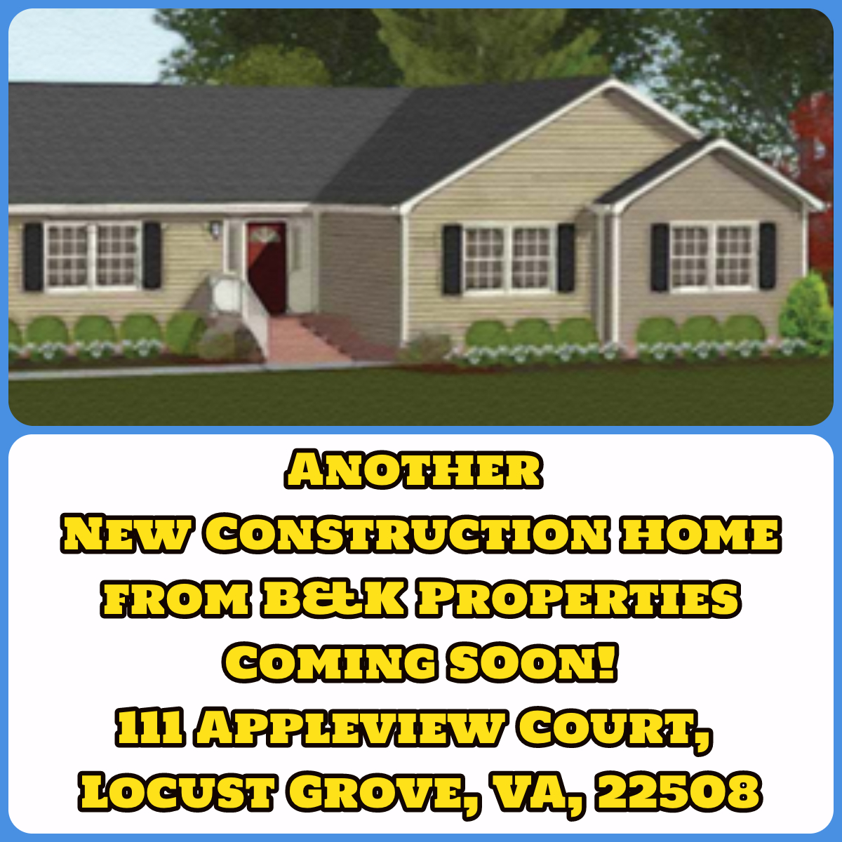 We are very excited to tell you that we have another #newconstruction home coming to the #LakeOfTheWoods area soon, at 111 Appleview Court, #LocustGrove, VA, 22508. 
This home will have 3bedrooms, 2full bathrooms, 1844 sq ft and an attached double garage. Stay tuned for updates!