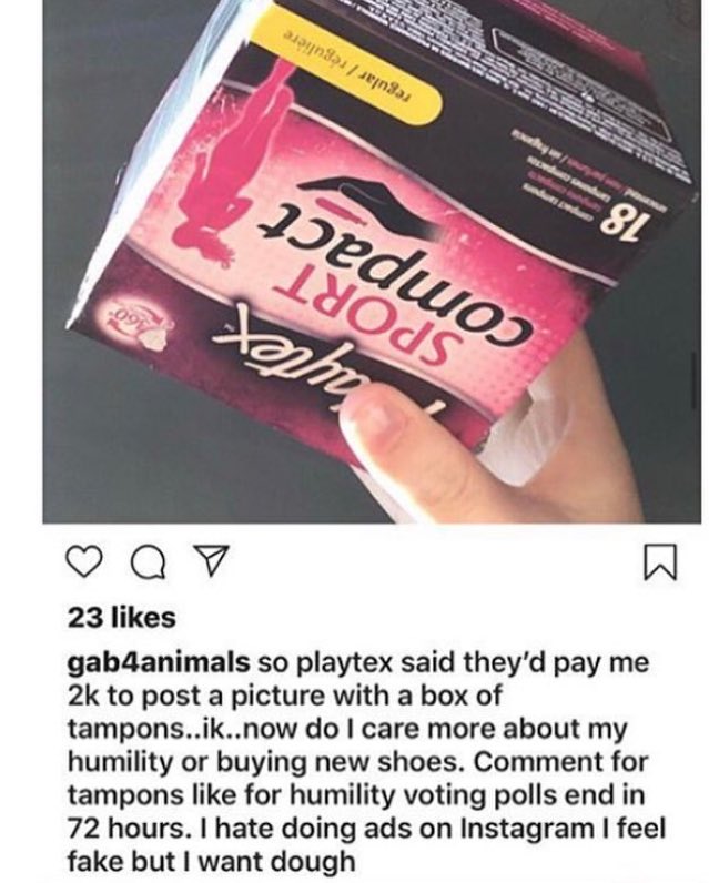 and now finally moving to gabriela. i'm sure you all saw her post about promoting tampons a while ago. we found this screenshot of her talking about it on her finsta. (don't know if its fake or not we thought we'll add this here anyway because why would someone make fake post)