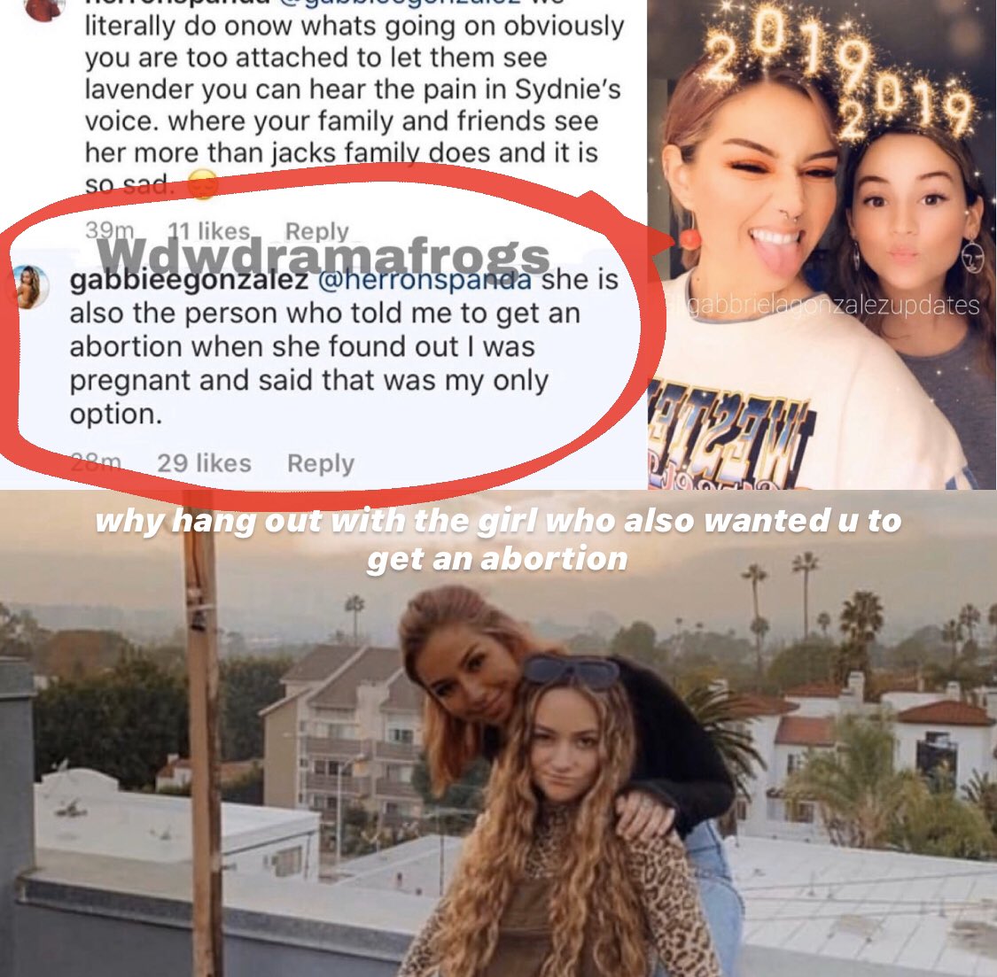 gabbie also posted a tiktok about how she was forced to hide her pregnancy because of jacks management who told her that she should get an abortion. later then she answered on a comment where she said that sydnie (jacks sister) was actually the one who told her to get an abortion
