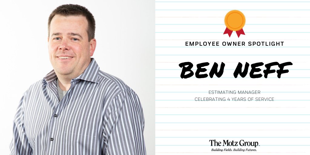 TheMotzGroup's tweet photo. Welcome to our #EmployeeOwnerSpotlight, a chance to feature the incredible individuals #BuildingFields & #BuildingFutures every day. Next up, our top-notch Estimating Manager: Ben Neff! 🌟 https://t.co/Ewk2Gee1Sb https://t.co/65CWtLmqPB