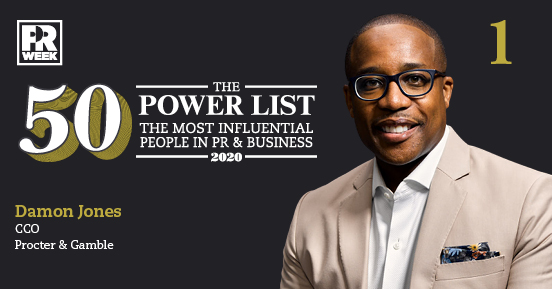PRWeekUS's tweet photo. The Power List: 1. Damon Jones, CCO at @ProcterGamble 

Jones is the first Black exec to top PRWeek’s annual Power List after assuming top comms role at the CPG behemoth during the most uncertain time in recent history. https://t.co/KiJzl3AV8O #PRWeekPowerList50 https://t.co/Qp5fTvp6Fc