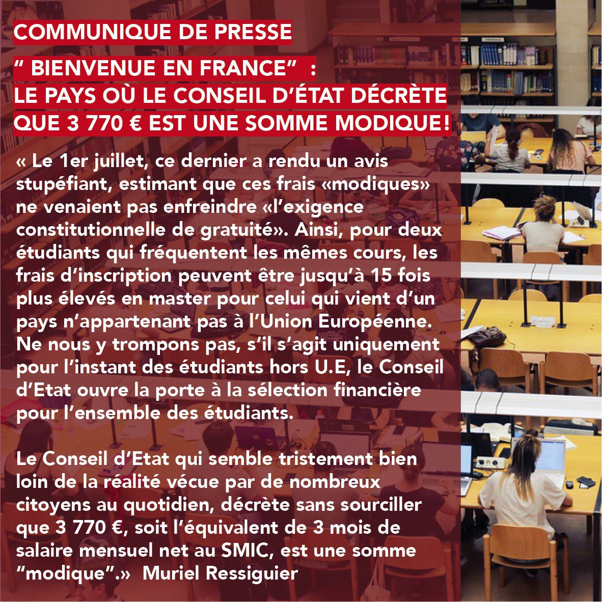 MRessiguier's tweet photo. COMMUNIQUE DE PRESSE:
“ Bienvenue en France” : le pays où le Conseil d’État décrète que 3 770 € est une somme “modique” !

https://t.co/bJa3BF50KP

#FraisInscription
#EtudiantsExtracommunautaires
#ConseilDEtat
#Universités
#Solidarité https://t.co/TtUDdFhCZ9
