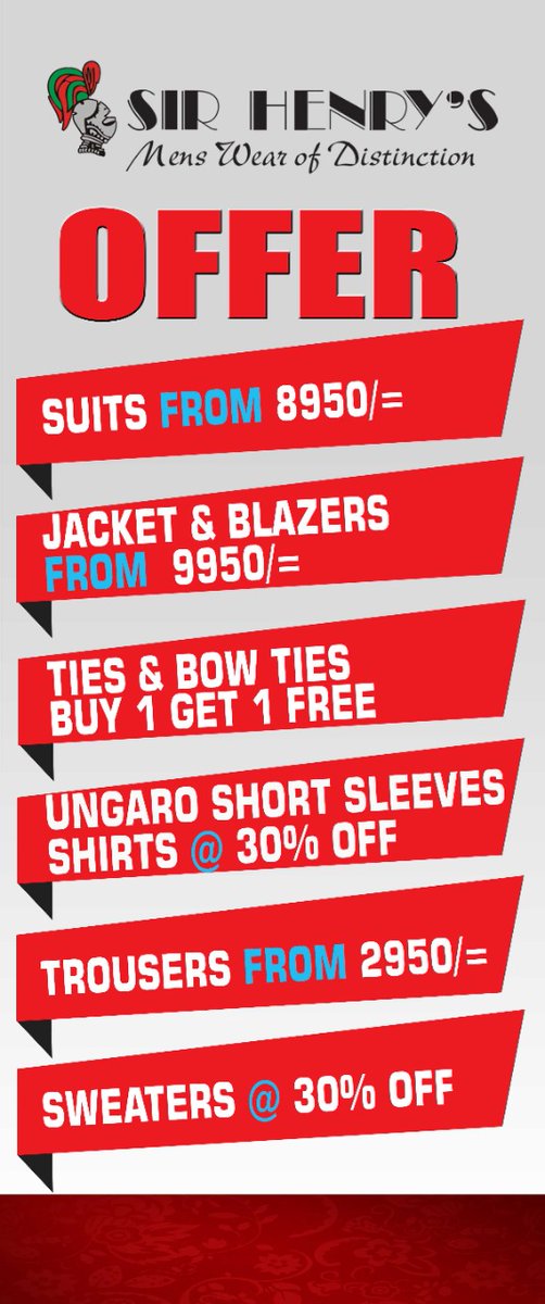 thejunctionmall's tweet photo. Great offers await you at Sir Henry’s Men’s store at The Junction Mall. Stock up on your suits and wardrobes accessories while the sale lasts. #JunctionJulyMakeover #MenWear #MenFashion #SirHenrys https://t.co/eEcgIfIfme