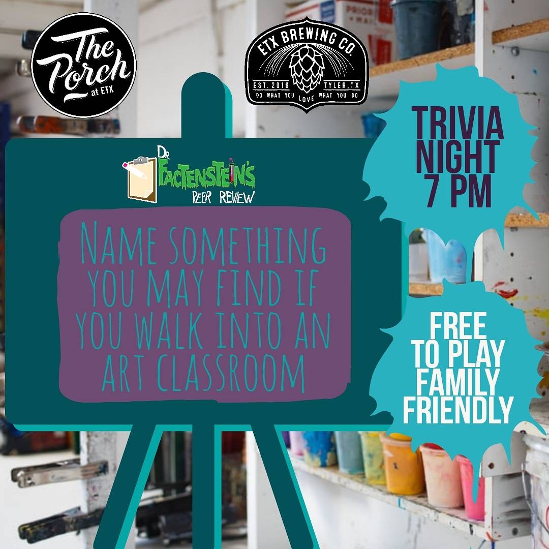 DrFactenstein's tweet photo. Peer Review trivia resumes tonight at @etxbrew @etxporch at 7 PM in Downtown Tyler, Texas! 🤓  #peerreview #familyfeud #artsupplues #artclassroom #downtowntyler #downtowntylertexas #trivianight #familyfun #makememories https://t.co/7438gTUegt