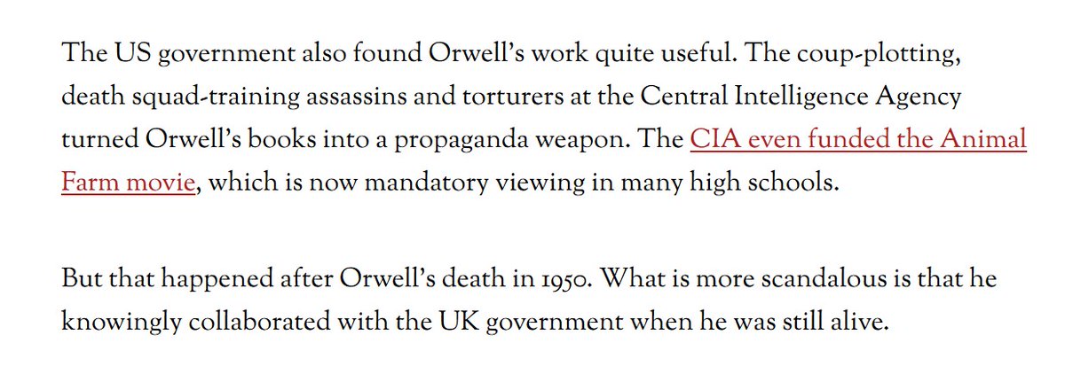 This section makes a point and then instantly negates it with context. It's solely for the purposes of propagandizing and associating Orwell with the CIA, despite the fact this occurred after he died. Also "mandatory viewing" is a dramatic way to say "part of a curriculum."
