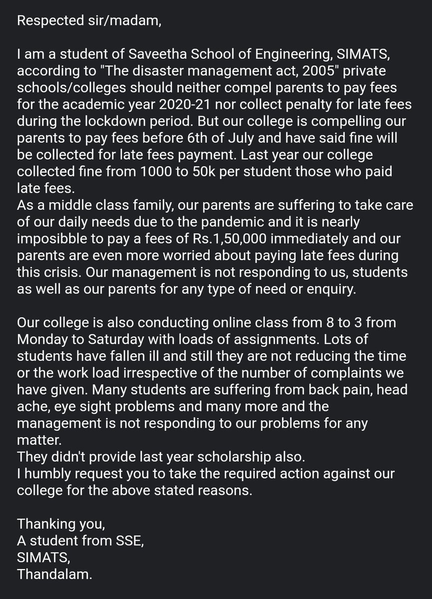 ayan_varma's tweet photo. #DontForceStudentsForFee
#SaveSaveethaStudentsFromForcedFees
It’s hard to pay fees in this pandemic yet some families are not able to buy food .It is very cruel to demand fees from student. Please respond to our cries 🙏 @narendramodi @irajashekaran https://t.co/UZeZ75ciCa