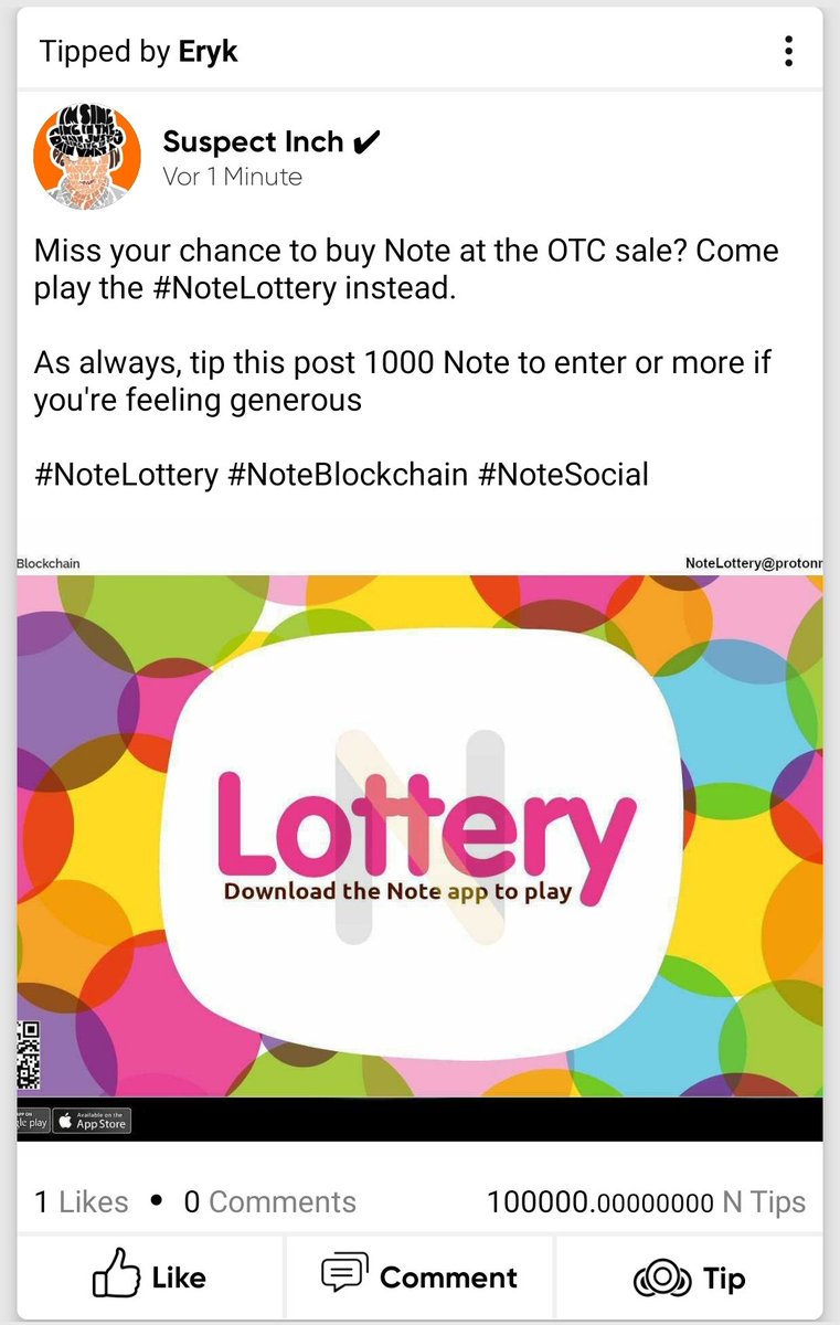 BlockchainNote's tweet photo. Hey, #Notesters
The @SuspectInch's lottery is up.
To participate tip his post 1000 $NTBC and with a bit of luck you will win the pot.
If you're not on the #NoteSocial App yet, go to https://t.co/EdKsZWNosY and download it and join the happy place. https://t.co/IA4EUyciOJ