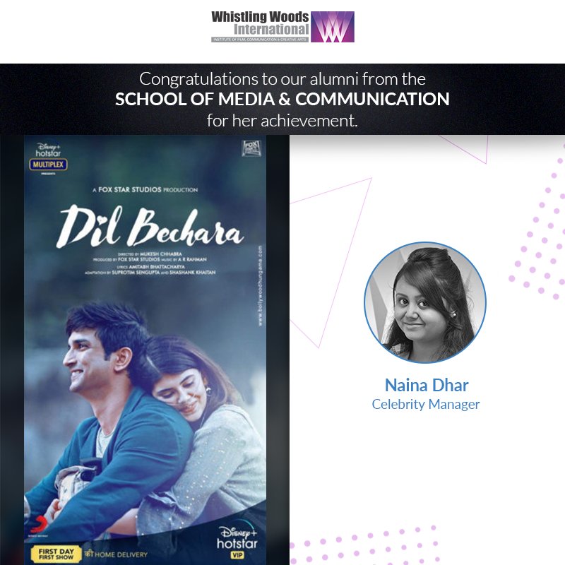 Whistling_Woods's tweet photo. Congratulations to our #WWIAlumni Naina Dhar, Sahil Vaid and Kavya Desai for their work in the film 'Dil Bechara'. We wish them immense success and more such opportunities in the future.
#DoWhatYouLove
#WWIAlumniSuccess
#WWISchoolOfMediaAndCommunication
#WWIActorsStudio https://t.co/jxEuvdVQPH