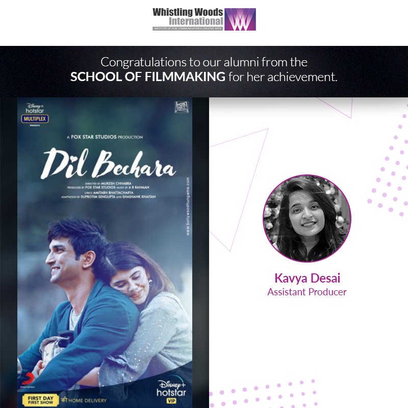 Whistling_Woods's tweet photo. Congratulations to our #WWIAlumni Naina Dhar, Sahil Vaid and Kavya Desai for their work in the film 'Dil Bechara'. We wish them immense success and more such opportunities in the future.
#DoWhatYouLove
#WWIAlumniSuccess
#WWISchoolOfMediaAndCommunication
#WWIActorsStudio https://t.co/jxEuvdVQPH