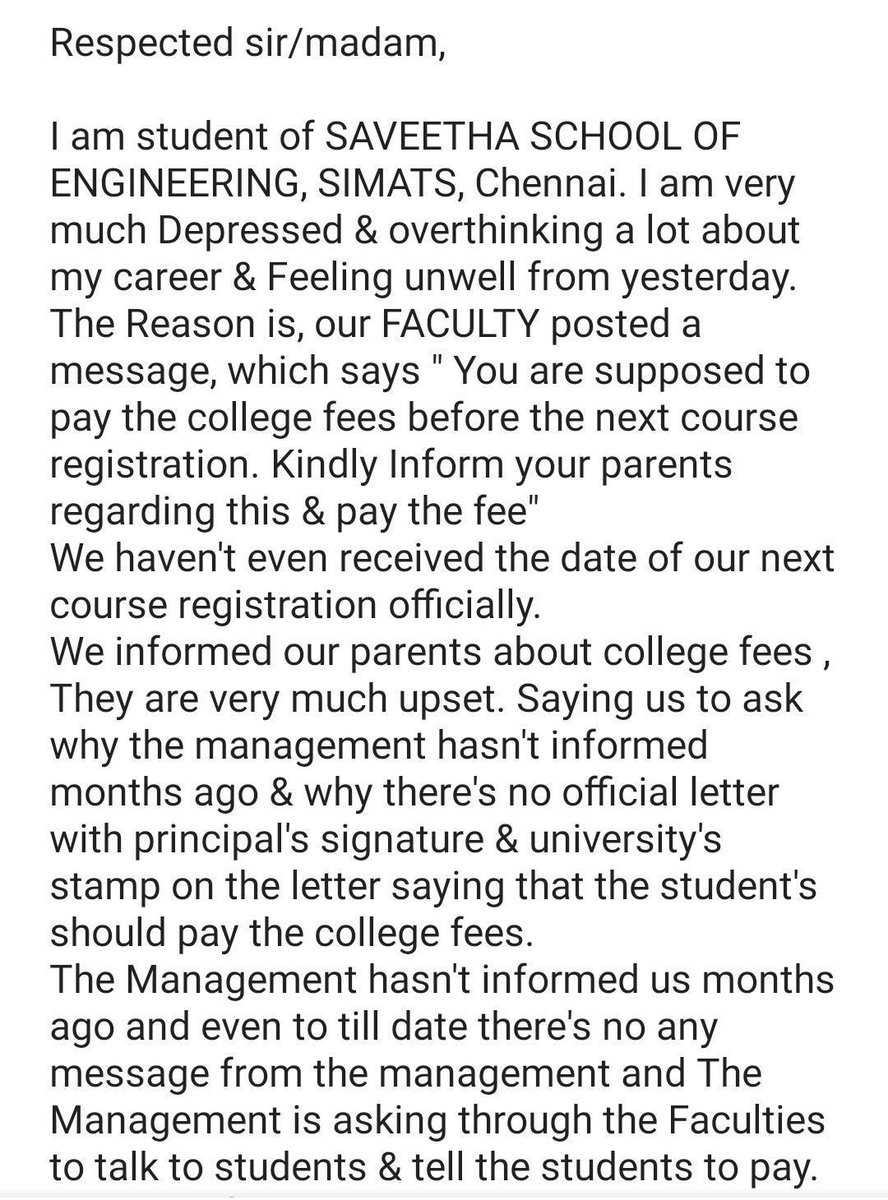 ayan_varma's tweet photo. This is totally unfair ... I think the clg management has no mind ...so they are asking the fees in this pandemic situation....
#SaveSaveethaStudentsFromForcedClgFees
#DontForceStudentsforfees https://t.co/mSX9veK3kL