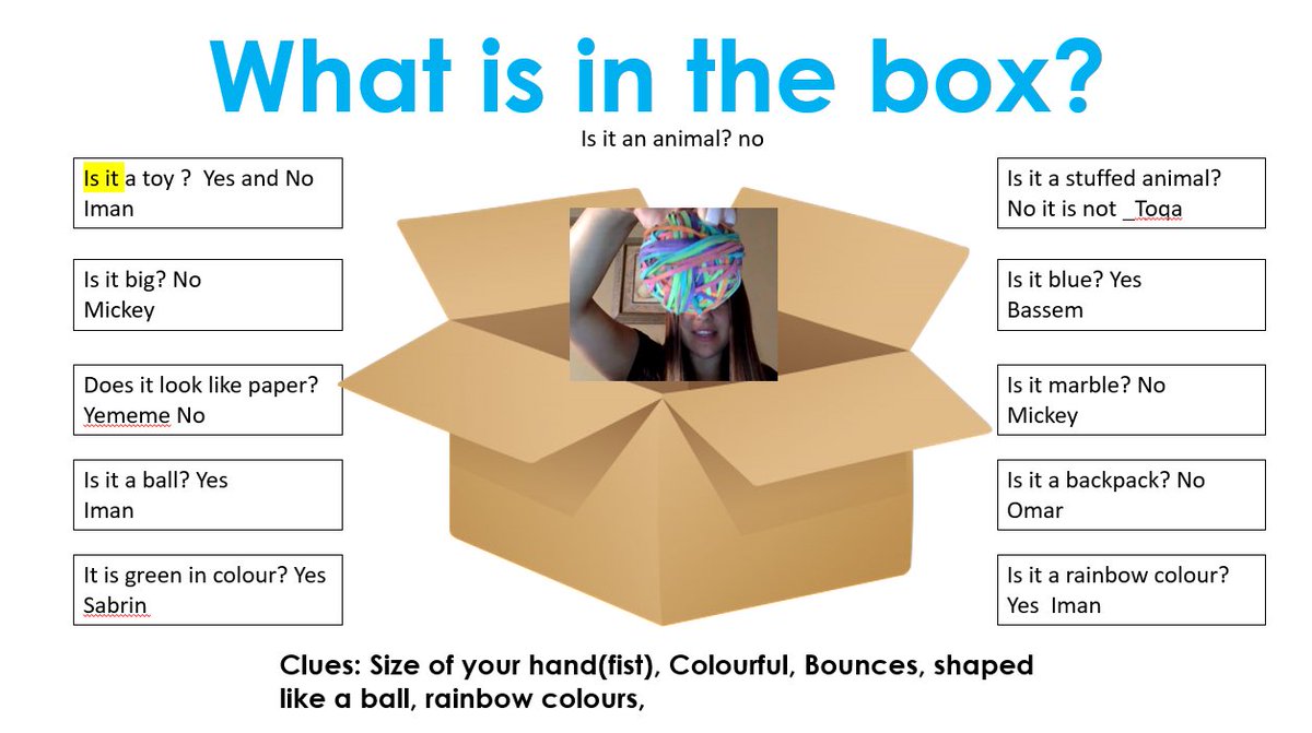 Worked on questioning skills with our “Guess what is in the box?” activity! Students have suggested sharing their own boxes throughout the week! Looking forward to seeing what they have to share <a href="/avoliverio/">Mrs. Oliverio</a> <a href="/JanisFoy/">Janis Foy</a> <a href="/mrsbateswps/">Laura Bates</a> <a href="/gecdsbpro/">GECDSB PR</a> <a href="/ClaraHowitt/">Dr. Clara Howitt</a> #GECDSBSLP2020