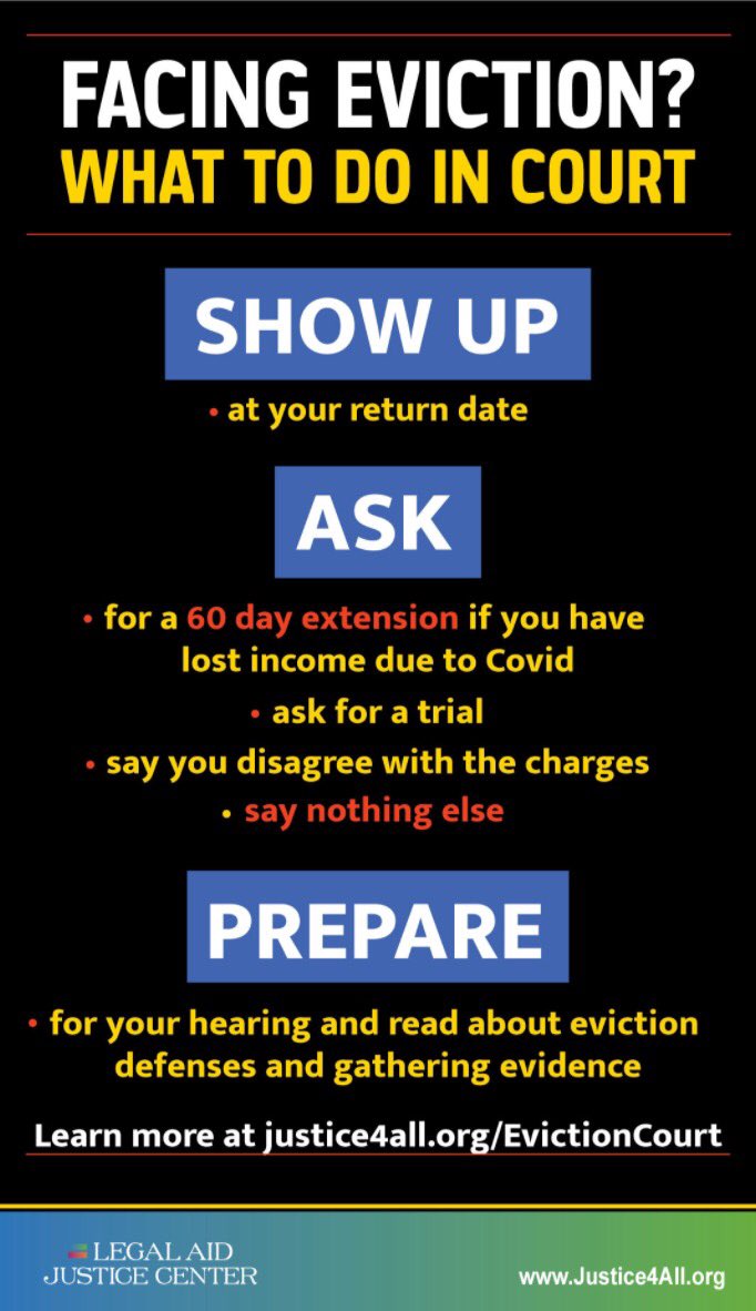 VAstudentpower's tweet photo. FACING EVICTION? Important information about what to do in court: graphics by @LegalAidJustice https://t.co/inkgNMMica