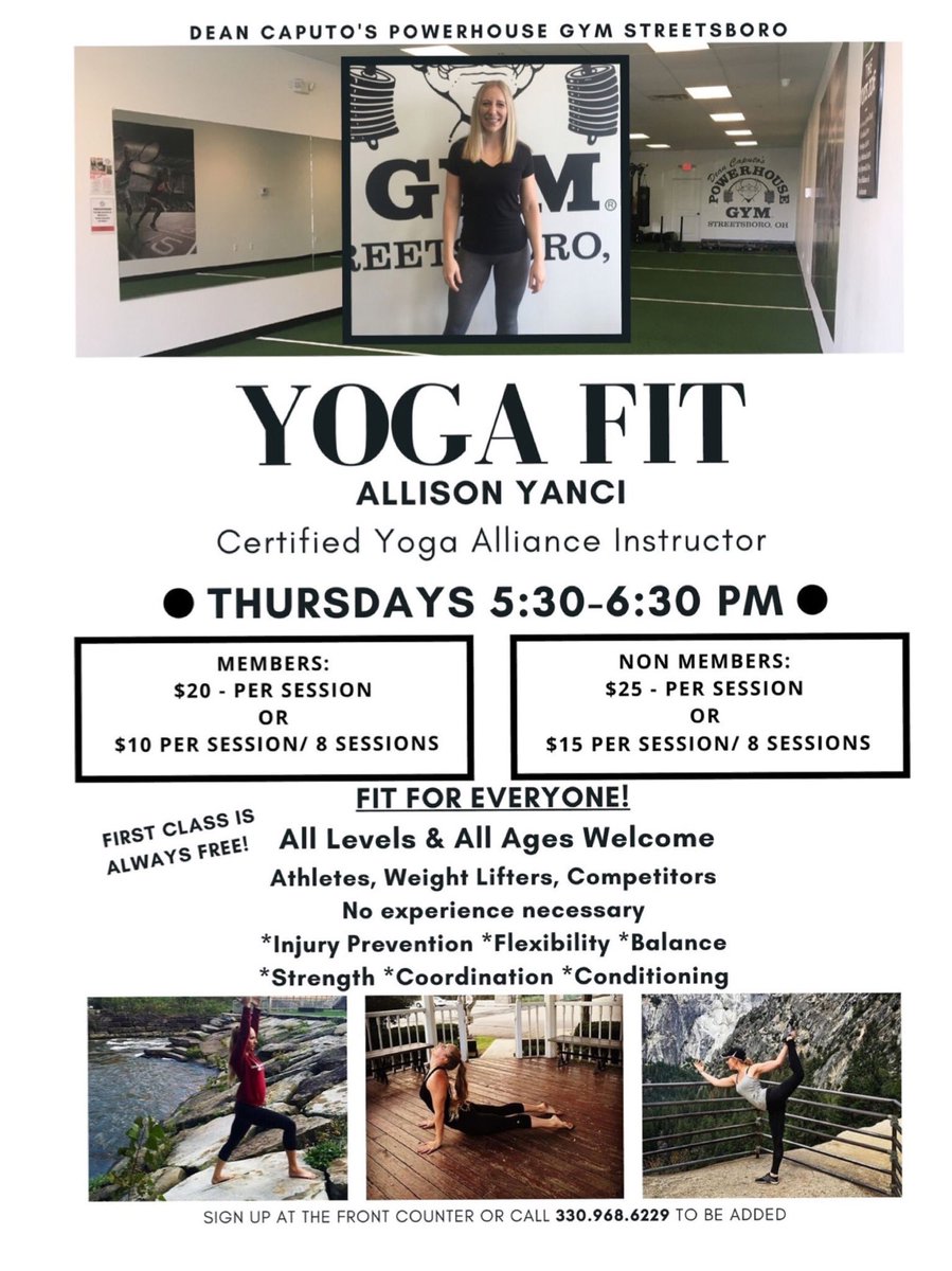 PHGStreetsboro's tweet photo. YOGA FIT: Tomorrow Thursday, July 9th 5:30-6:30 pm. Join Allison Yanci, Certified Yoga Alliance Instructor for another awesome class! Fit for everyone &amp; all levels! Bring a friend. 
First class is free! Call POWERHOUSE GYM to add your name, 330.968.6229 or stop in to sign up. https://t.co/TJUvRBtSdW