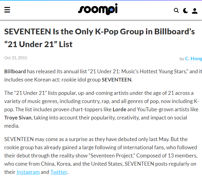 6) Seventeen was also the only K-pop group on Billboard's "21 Under 21 2015: Music's Hottest Young Stars" list