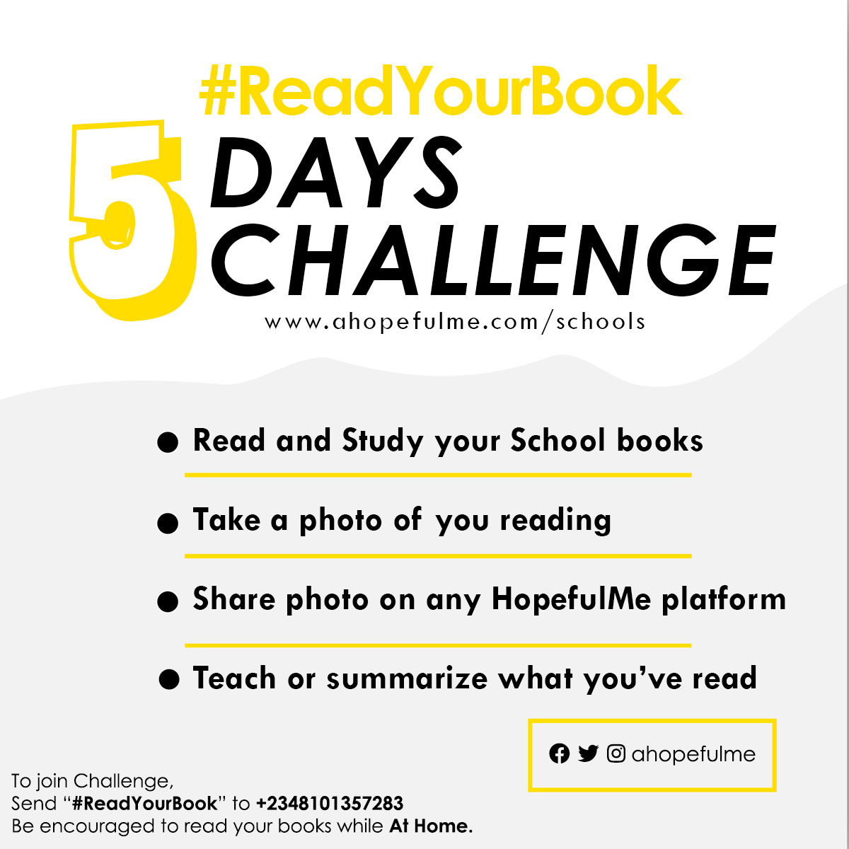ahopefulme's tweet photo. #ReadYourBook 5Days Challenge begins tomorrow 9th July, 2020.
Instructions:
- Ensure you read your books each day for 5days.
- Take a photo of you reading and post on any HopefulMe School group.
- Share with us what you've read for the day. https://t.co/3ZZQVuBoDy