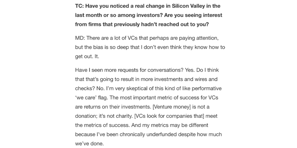 lolitataub's tweet photo. I remain optimistic about progress for the underestimated founder community. Still, I'm concerned about the continued VC lip service + their inability to ID/invest in awesome founders bc they're blinded by old-school pattern matching.

💯 @MorganDeBaun 
https://t.co/fPyOQLgSDz https://t.co/kVmpi02xad