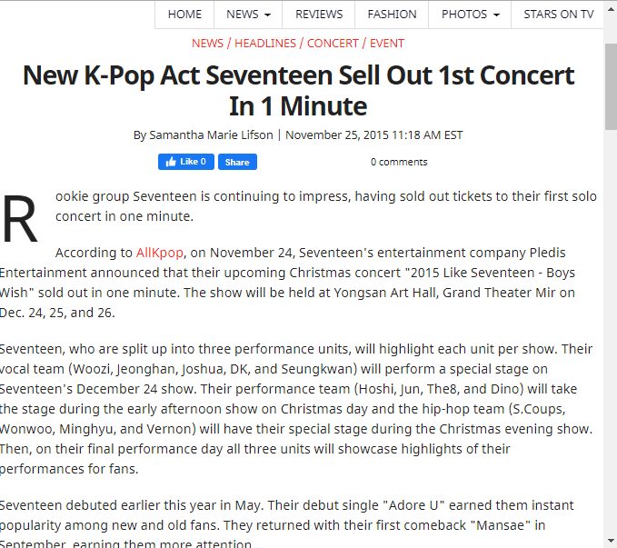 7) Seventeen's first solo concert held on 2015 entitled <Boys Wish> was sold out after just 1 minute. Following this, their encore concert in 2016 with the title <Like Seventeen - Boys Wish Encore Concert> was sold out within 5 minutes.