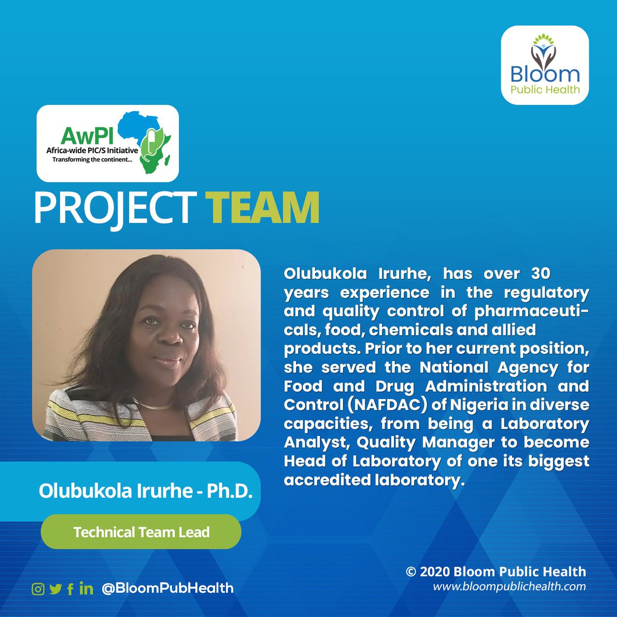 bloompubhealth's tweet photo. Introducing a member of the Project Team of the Africa-wide PIC/S Initiative (AwPI). Meet the Technical Team Lead, Olubukola Irurhe Ph.D.
Read more about the 3-way partnership at https://t.co/lXvdK7QLhp
#publichealth #Africanpharmaceuticals #pharmaceuticaleducation #AwPI https://t.co/CqHzAUBM3o